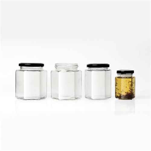 Hexagonal Clear Glass Jar with Metal Lid for Food Packaging